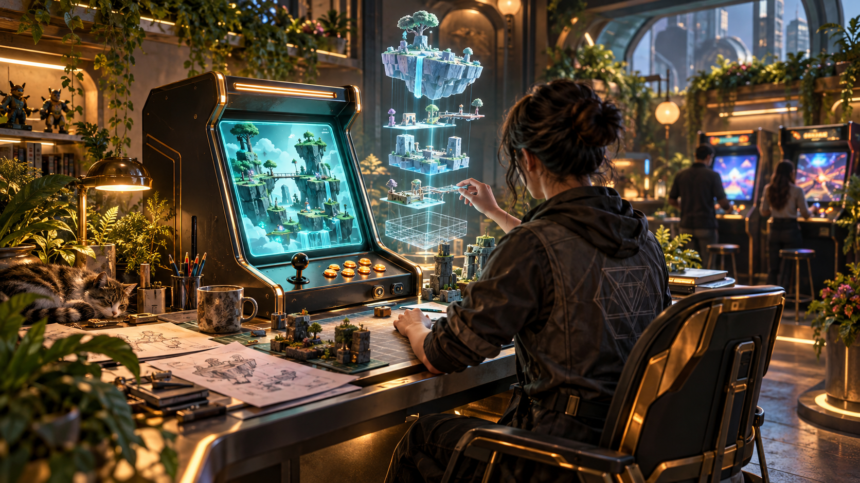A creator shapes an arcade game in a futuristic workshop filled with cabinets and greenery.